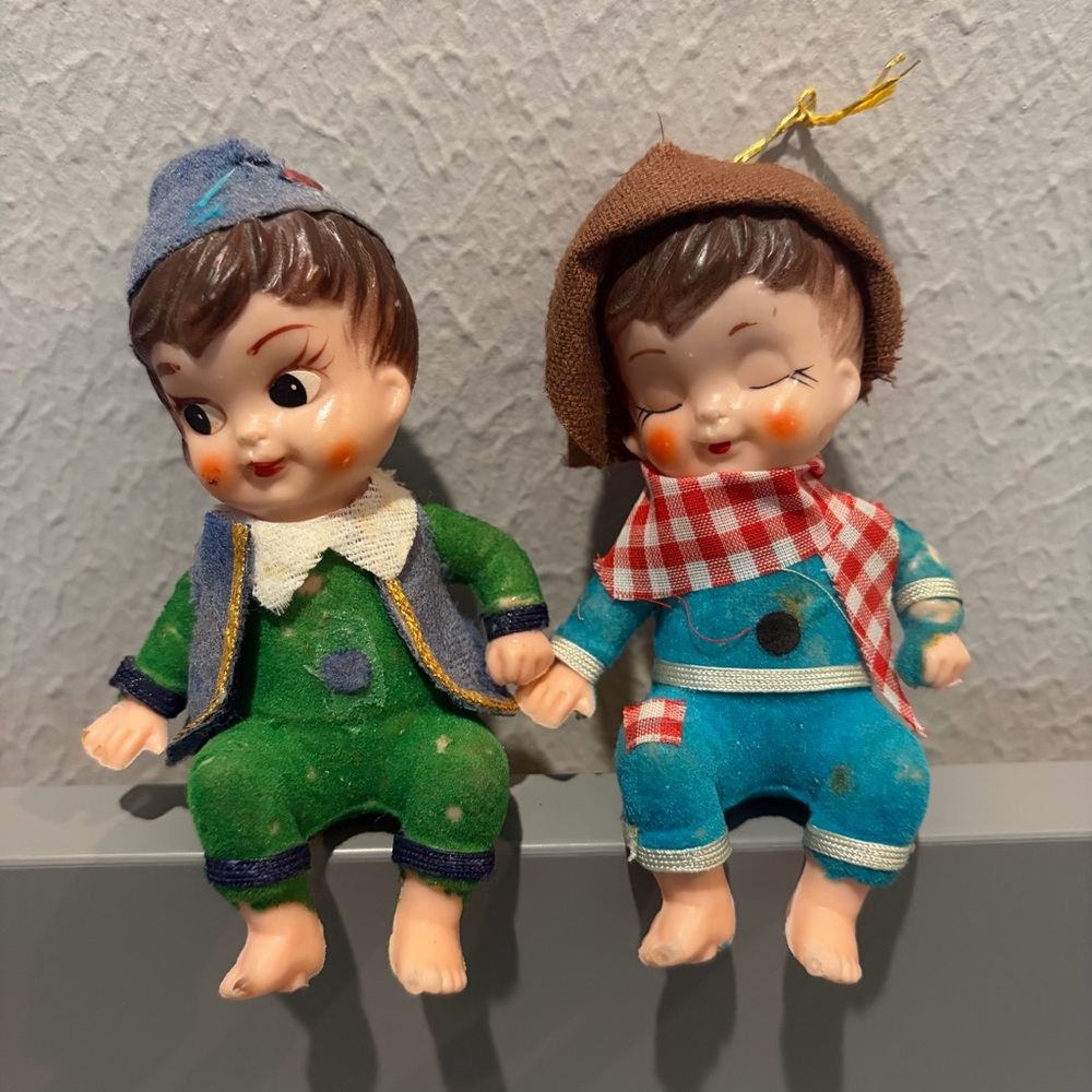 Vintage MCM Lot of 2 Plastic Flocked Christmas Ornaments Boys In Blue & Green